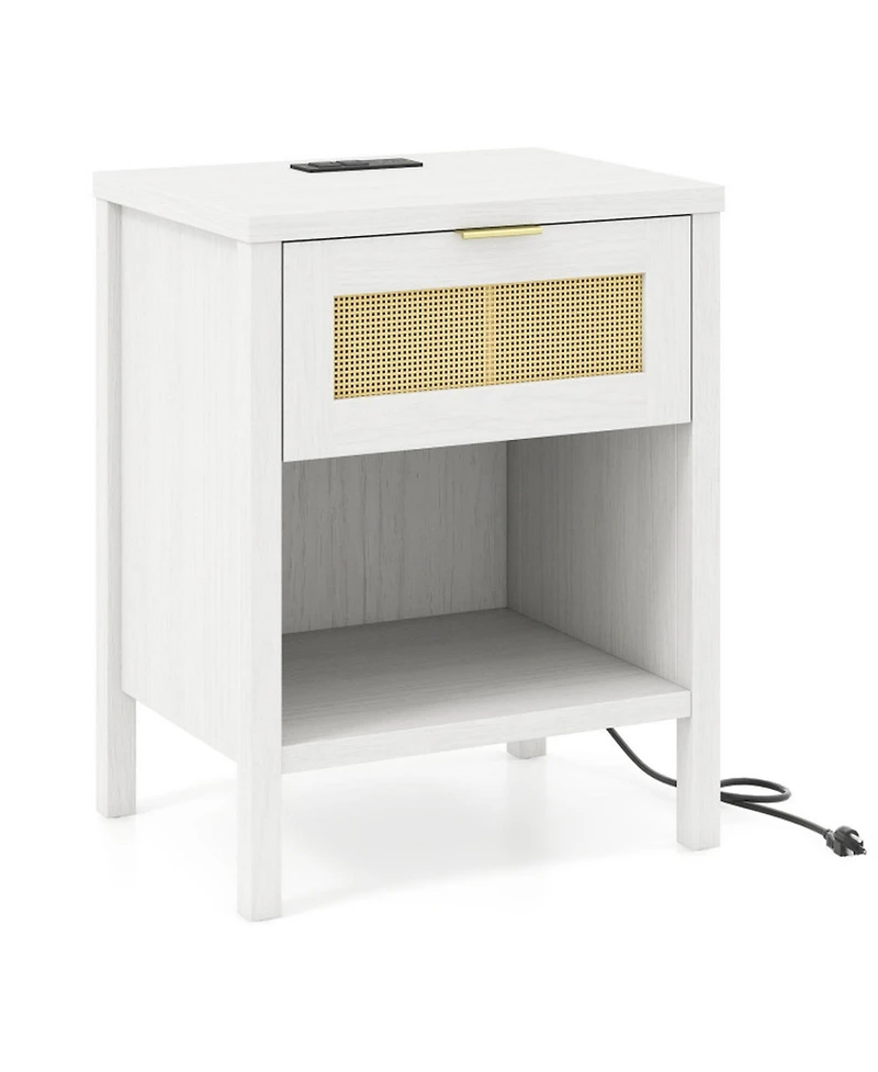 Sugift Rattan Nightstand with Charging Station Storage Drawer and Open Compartment