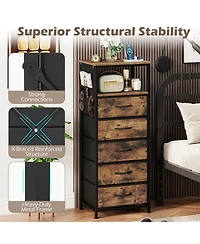 Sugift Tall Nightstand with Integrated Charging Station 39 Inch Bedside Tower Featuring 5 Fabric Drawers
