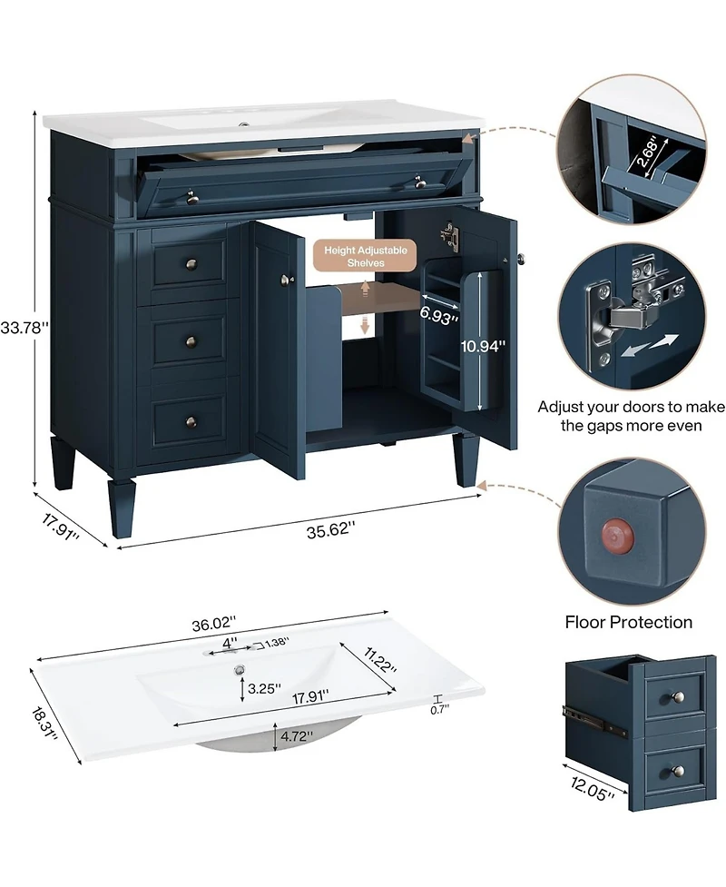 Tribesigns 36 Inch Bathroom Vanity with Sink with 3 Drawers and 2 Doors