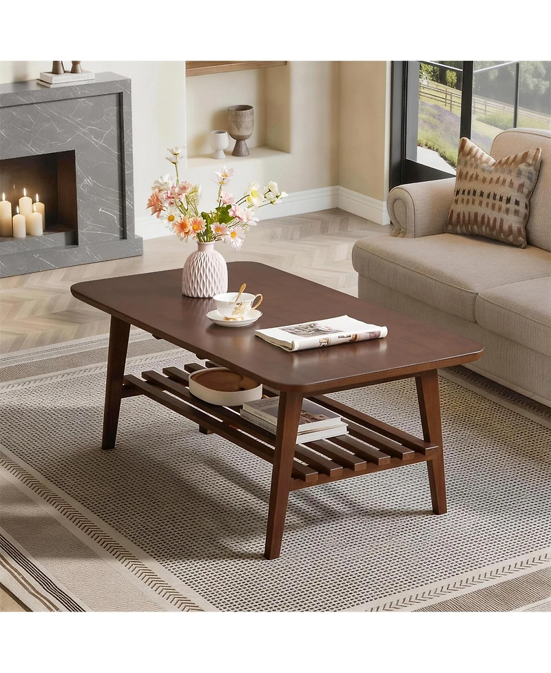 Clihome Wooden Coffee Table with Storage Shelf, Mid-Century Rectangular Center Table for Living Room