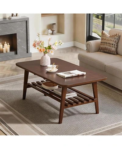 Clihome Wooden Coffee Table with Storage Shelf, Mid-Century Rectangular Center Table for Living Room