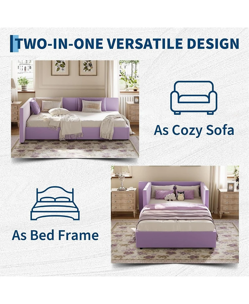 gaomon Twin Daybed with Extended Headboard, Corner Bed Frame with Bed Rails, Velvet Upholstered Sofa Bed with Guardrail for Bedroom, Guest Room