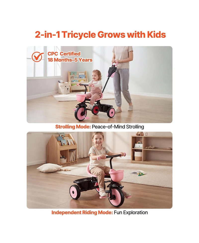 Sevorley Toddler 2-in-1 Convertible Tricycle with Parent Push Handle, 55 lb. Capacity, Ages 1.5+