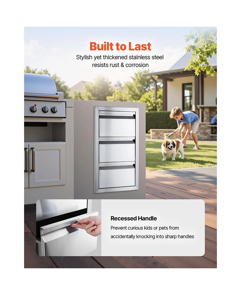 Sugift 3-Tier Stainless Steel Bbq Drawers 15in W x 25.4in H x 19in D Flush Mount Box Frame