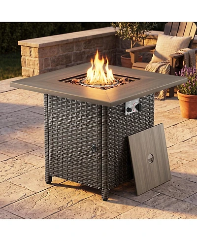 Pocassy 30" Outdoor Square Rattan Propane Gas Fire Pit Table for Outside