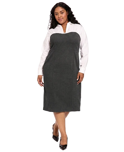 London Times Plus Long-Sleeve Midi Sheath Dress