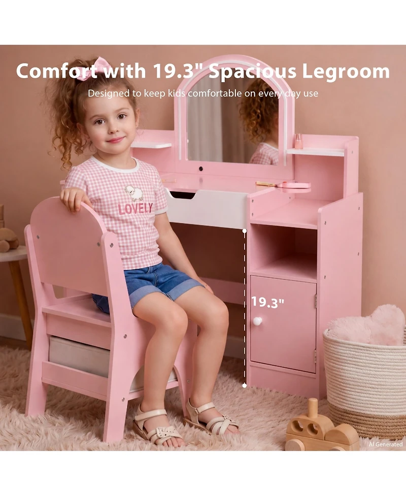 Kinder King Led-Lighted Mirror Vanity Set with Storage Drawer and Stool, 2-Piece, Ages 3+