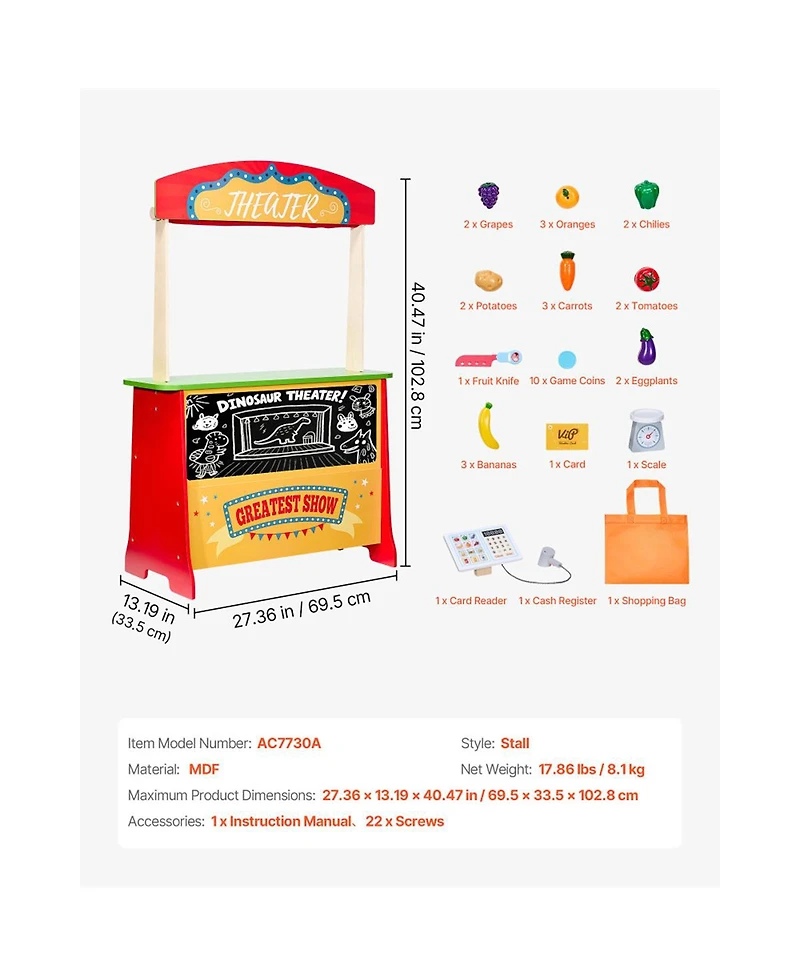 Yobtop Two-in-One Reversible Puppet Theater and Market Stand with Working Scanner and Card Reader, 35-Piece Accessory Set, Ages 3+