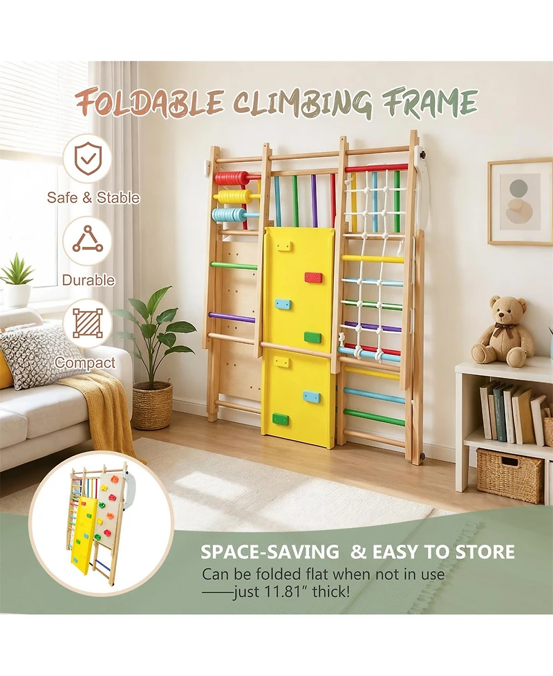 Yobtop 9-in-1 Foldable Wooden Climbing Frame with Slide, 176 lbs Capacity, Ages 3+