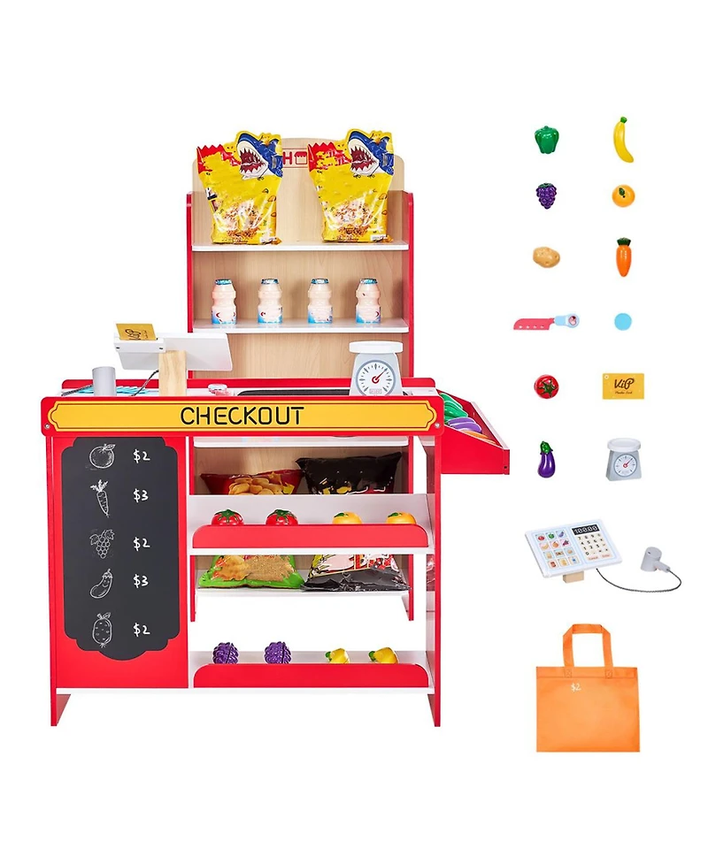 Yobtop Kids Grocery Store Playset,Toy with Cash Register and Scanner, Working Conveyor Belt,35 Fruit and Vegetable Accessories,Pretend Play for Kids