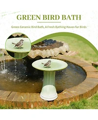 Yobtop Handmade Glazed Ceramic Bird Bath, Daisy Petal Embossed Tray, Pedestal Base, Ombre Gradient Glaze, Outdoor Bird Feeder for Patio and Backyard