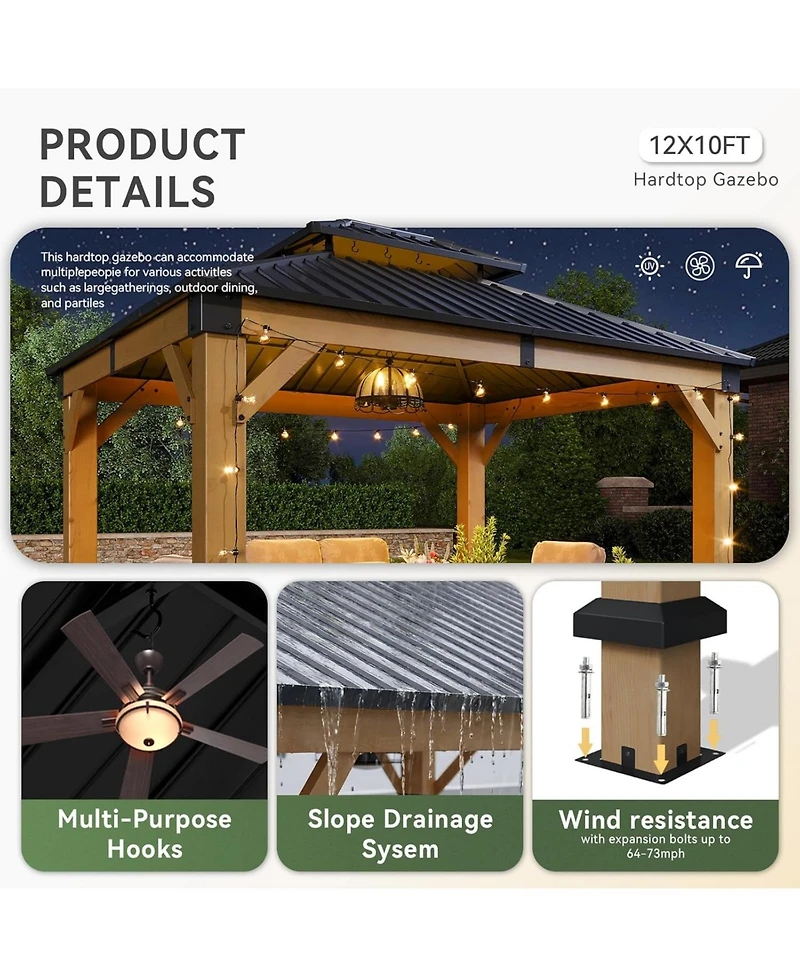 Aoxun 10'x12' Cedar Wood Hardtop Gazebo, Outdoor Pavilion with Galvanized Steel Double Roof for Patio Garden