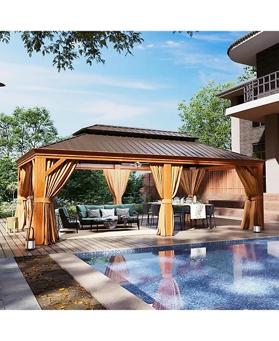 Aoxun 12'x20' Hardtop Aluminum Gazebo, Galvanized Steel Double Roof Pavilion with Drainage System and Netting