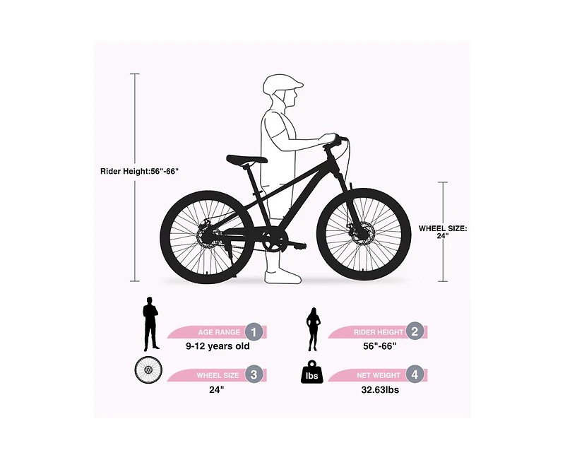 Yobtop 24-Inch Mountain Bike, Steel Frame, Suspension Fork, Double Disc Brake, 220 lb. Capacity, Ages 9-12