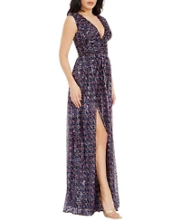 Dress The Population Women's Jaclyn Sleeveless V-Neck Multicolor Sequin High Slit A-Line Gown