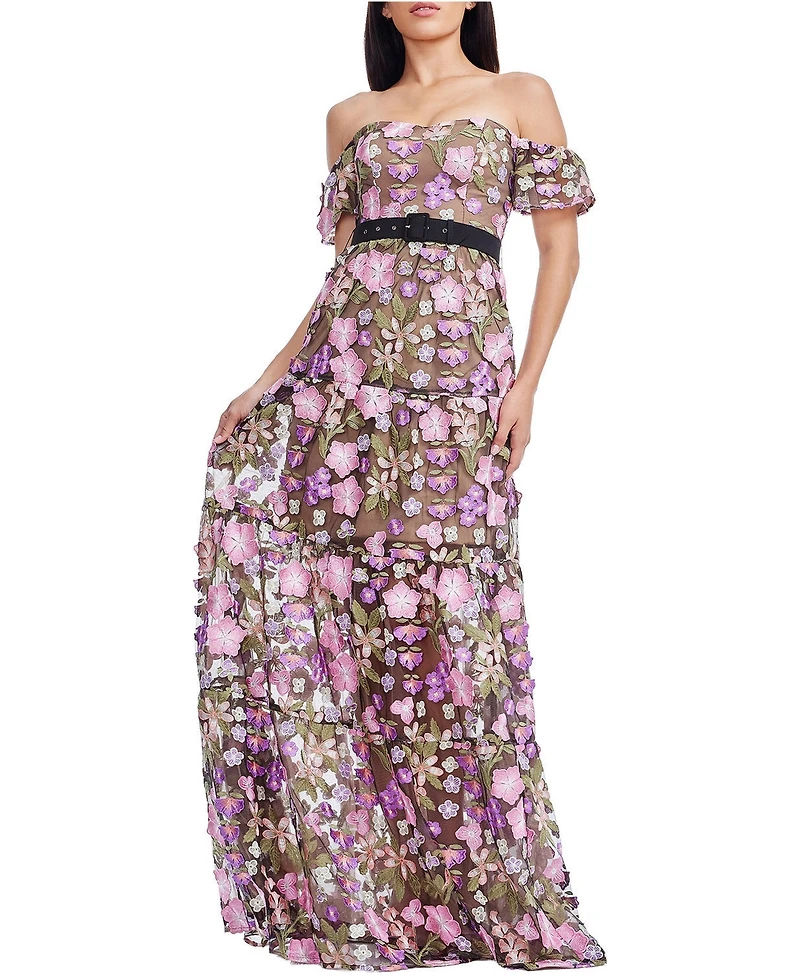 Dress The Population Women's Lara Off-the-Shoulder Sweetheart 3D Floral Embroidered Tiered Gown