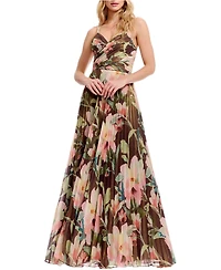 Dress The Population Women's Floral Pleated V-Neck Gown