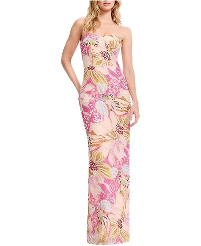 Dress The Population Women's Vada Strapless Sweetheart Floral Sequin Bodycon Gown