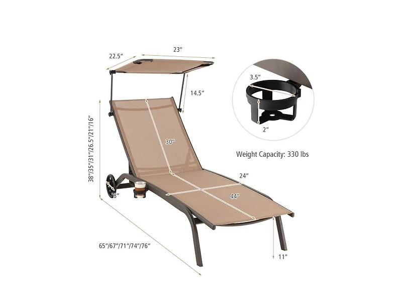 Lucky One Adjustable Patio Chaise Lounge Chair with Canopy Cup Holder and Wheels