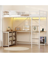 homfan Loft Bed with Metal Frame Large Desk Surface, Open Baskets, Pc Stand, Elevated, Durable, Sturdy, Compact Bed for Rooms