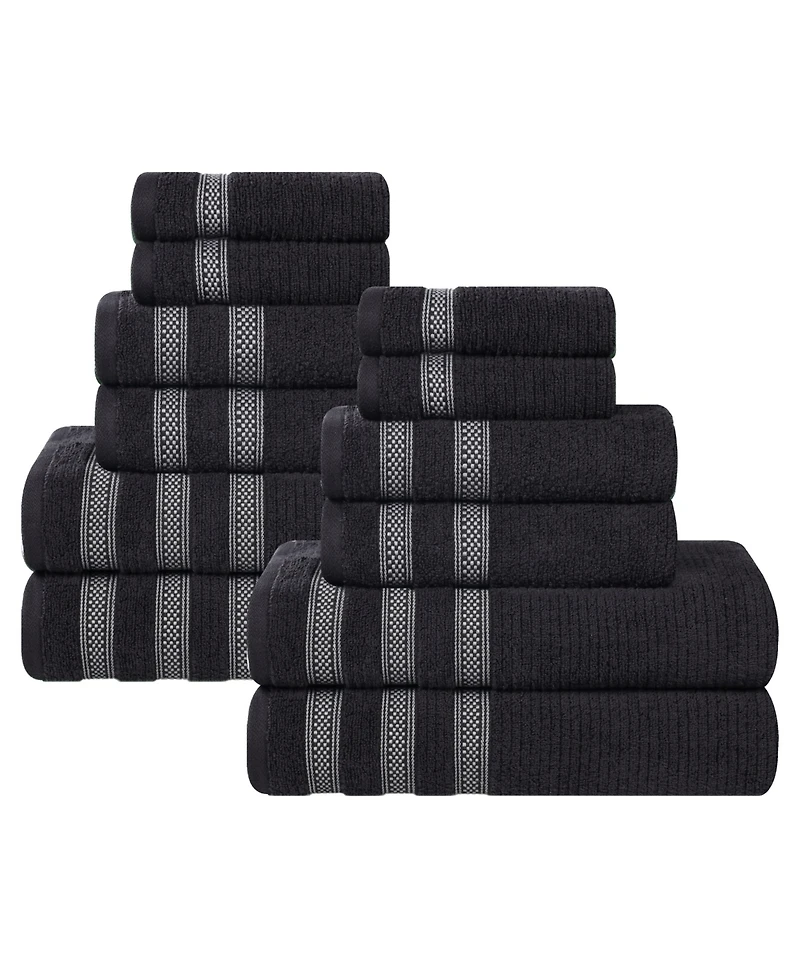 Superior Brea Zero Twist Cotton Ribbed Geometric Border Plush Soft Absorbent -Piece Towel Set