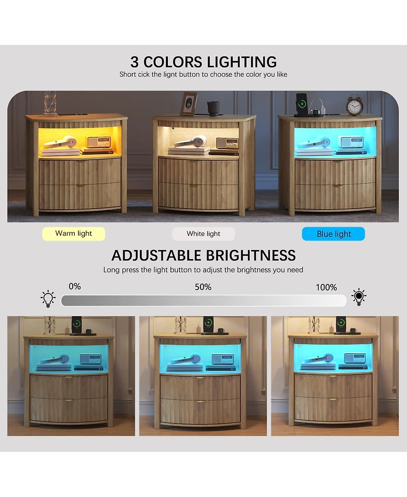 Vlsrka Modern Nightstand With Human Sensor Light, Charging Station, Lockable Drawer