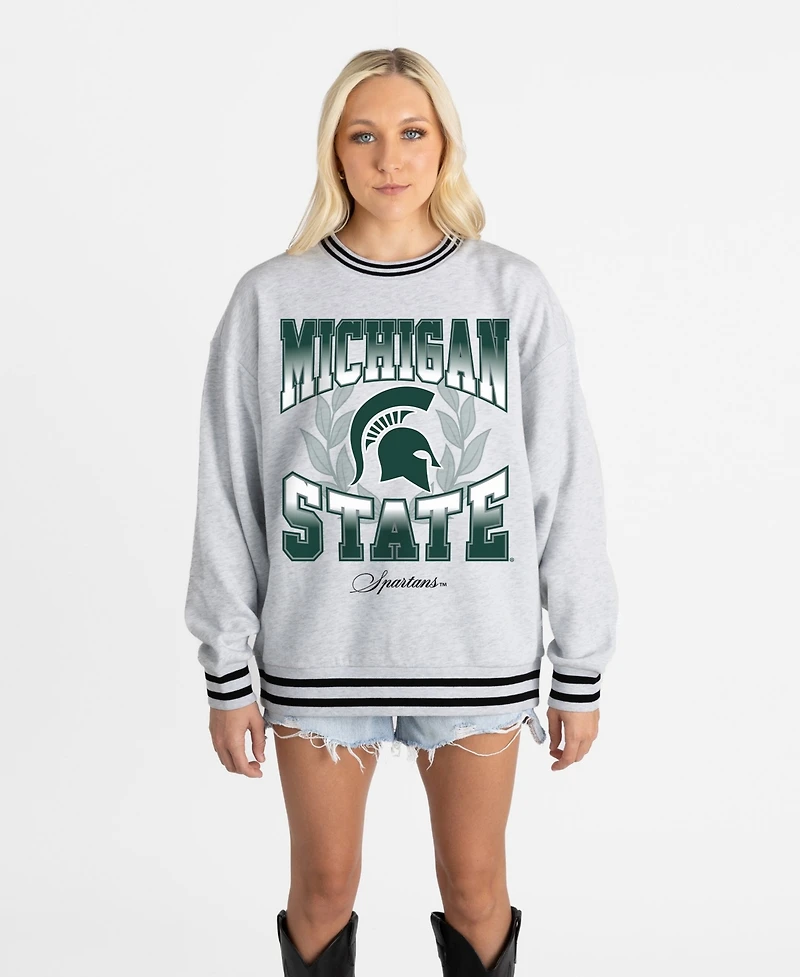 Gameday Couture Women's Ash Michigan State Spartans Oversized Fade Route Ringer Stripe Sweatshirt