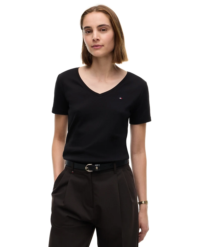 Tommy Hilfiger Women's Rib Slim V-Neck Short-Sleeve T-Shirt