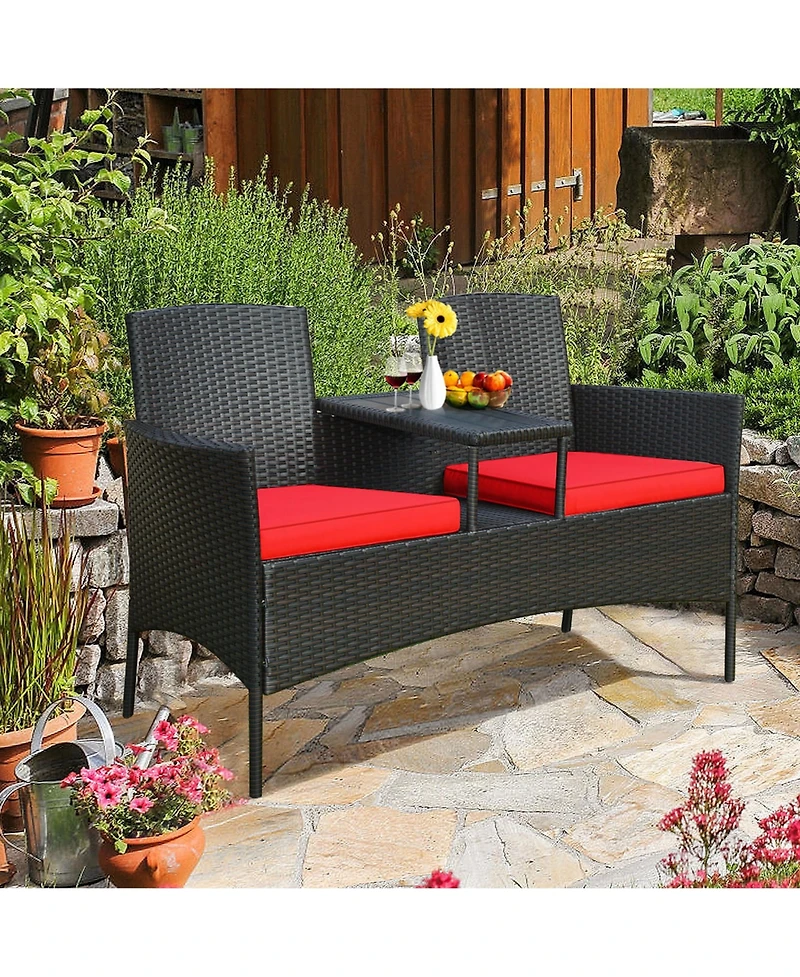 Gymax Patented Rattan Wicker Patio Conversation Set w/ Loveseat Table Cushion