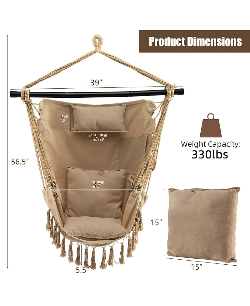 Gymax Hammock Chair w/ Soft Pillow Cushions Pocket Hanging Rope Swing Steel Bar Gray