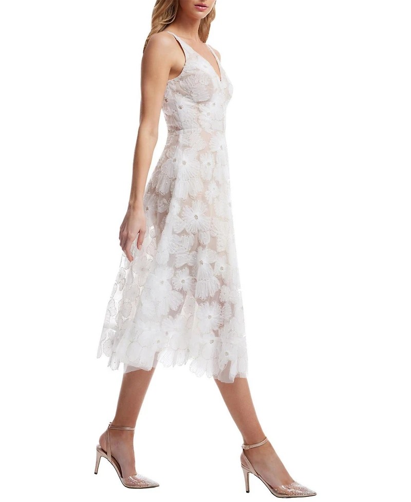 Dress The Population Women's Blair V-Neck 3D Floral Embroidered Fit and Flare Dress