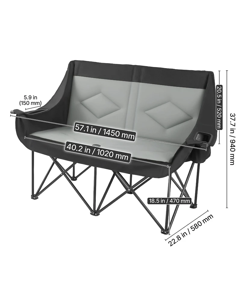 Sugift Oversized 2-Person Double Camping Chair 660 Lbs Capacity with Dual Cup and Wine Glass Holders