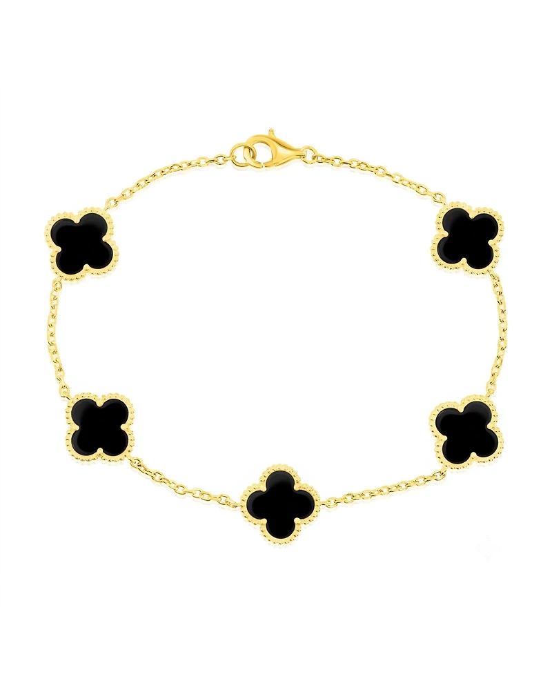 Simona Sterling Silver, Onyx Clover, Beaded Outline Bracelet