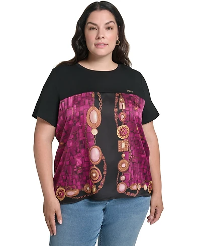 Karl Lagerfeld Paris Plus Gemstone Knit Placed-Print Crewneck Blouse