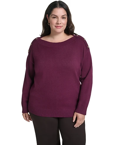 Karl Lagerfeld Paris Plus Boatneck Button Shoulder Overlay Sweater