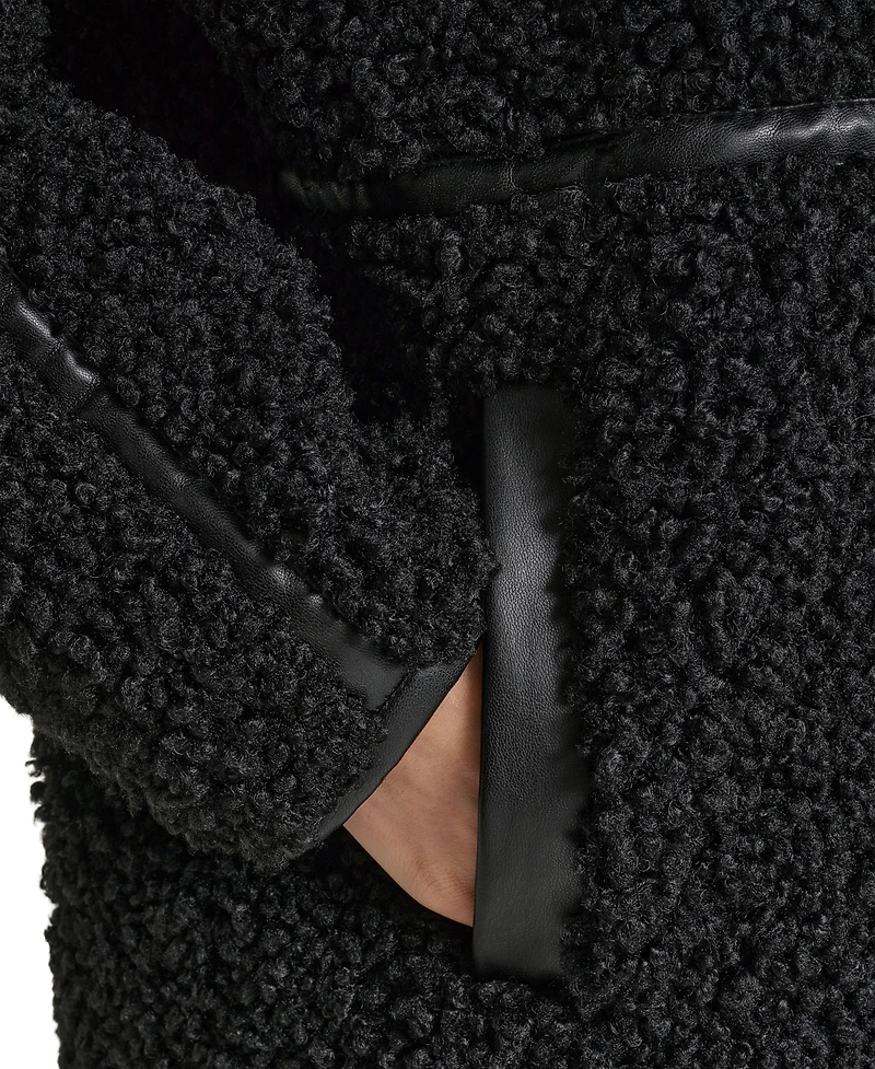 Karl Lagerfeld Paris Women's Faux-Leather-Trim Teddy Coat