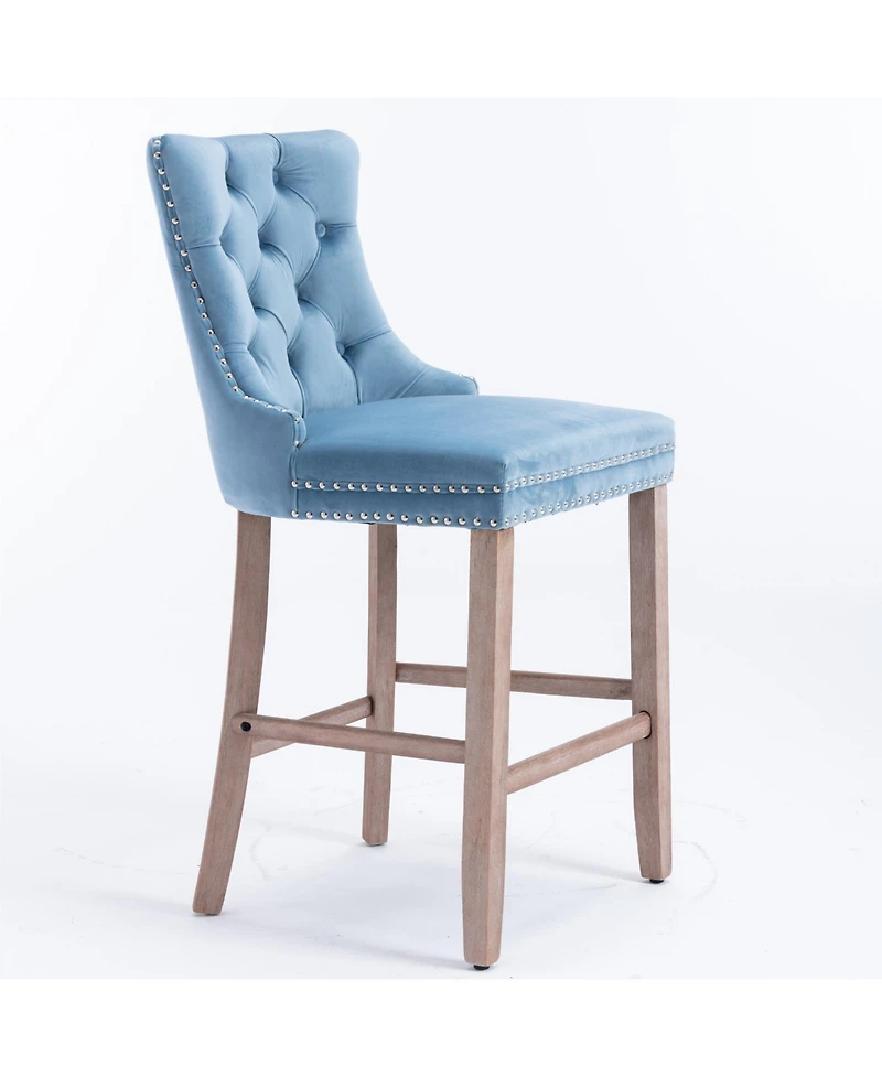 Flynama Set of 2 Mid-Century Bar Stools with High Back and Nailhead Trim, Solid Wood Legs