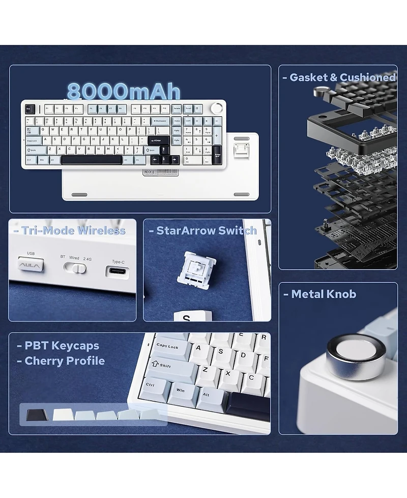 Aula F99 Pro Wireless Mechanical Keyboard, Tri-Mode Bt Usb-c, 8000mAh Battery, Rgb Backlit, Control Knob, Side-Printed Keys