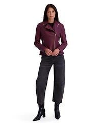 Kensie Women's Faux Leather Moto Jacket With Peplum Hem And Quilted Sleeve Detail