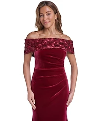 Eliza J Women's Off the Shoulder Side Tuck Velvet Floral-Applique Sequin Gown