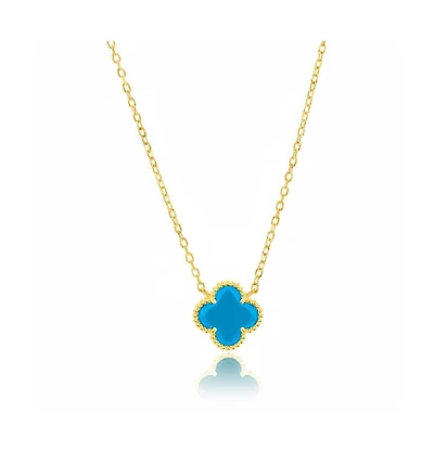 Simona Sterling Silver Simulated Turquoise Clover, Beaded Outline Necklace