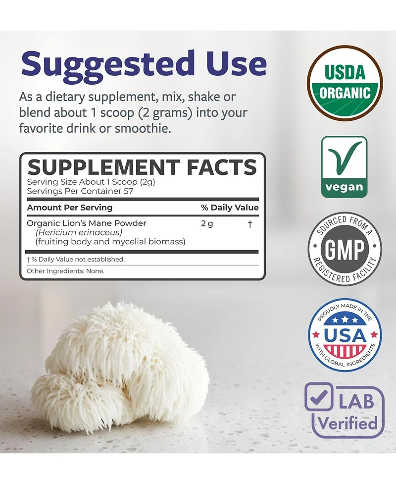 Pure Co Lion's Mane Mushroom Powder, 57 Servings