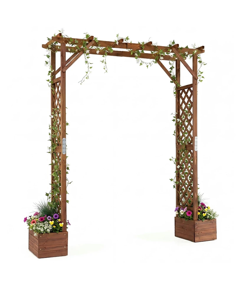 Gymax 87 Inch Tall Wooden Garden Arbor with Planter Boxes and Hanging Roof for Plants
