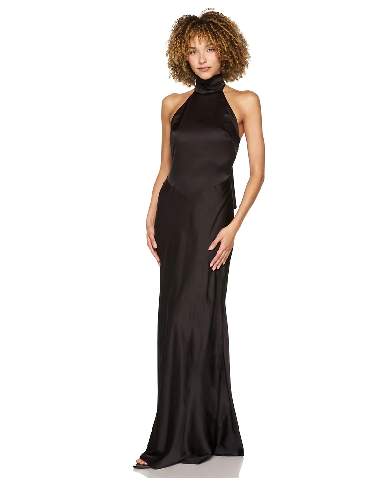 B Darlin Juniors' Halter-Neck Satin Back-Neck Tie Gown