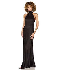 B Darlin Juniors' Halter-Neck Satin Back-Neck Tie Gown