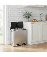 SongmicsHome Dual Garbage and Recycling Can, Stainless Steel Step Trash Can with Soft-Close Lid, 60L