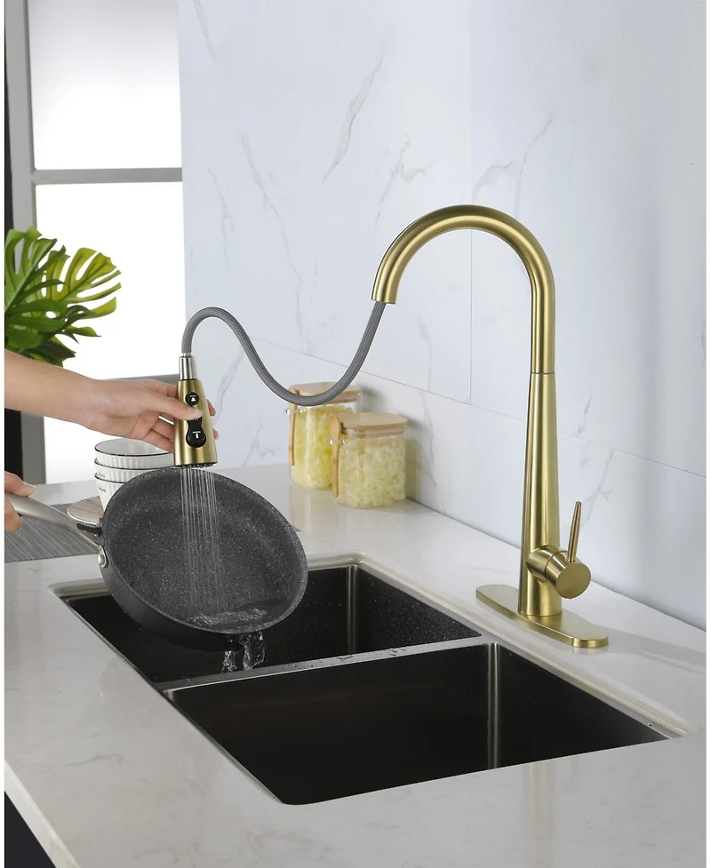Thirtypeachy Single Handle High Arc Pull-Down Kitchen Faucet, Stainless Steel with 3-Function Sprayer and Deck Plate