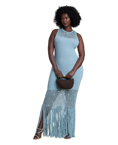 Eloquii Plus Fringe Shell-Embellished Sweater Maxi Dress