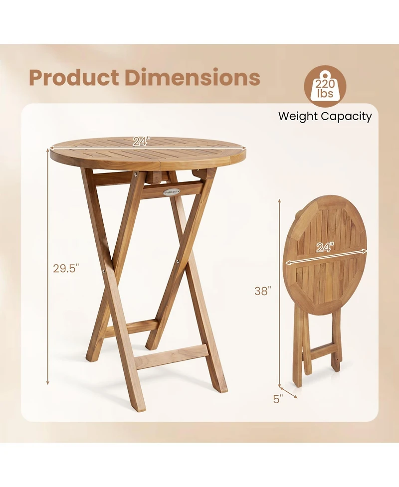 Mecale 24 in Round Solid Teak Folding Bistro Table with Footrest