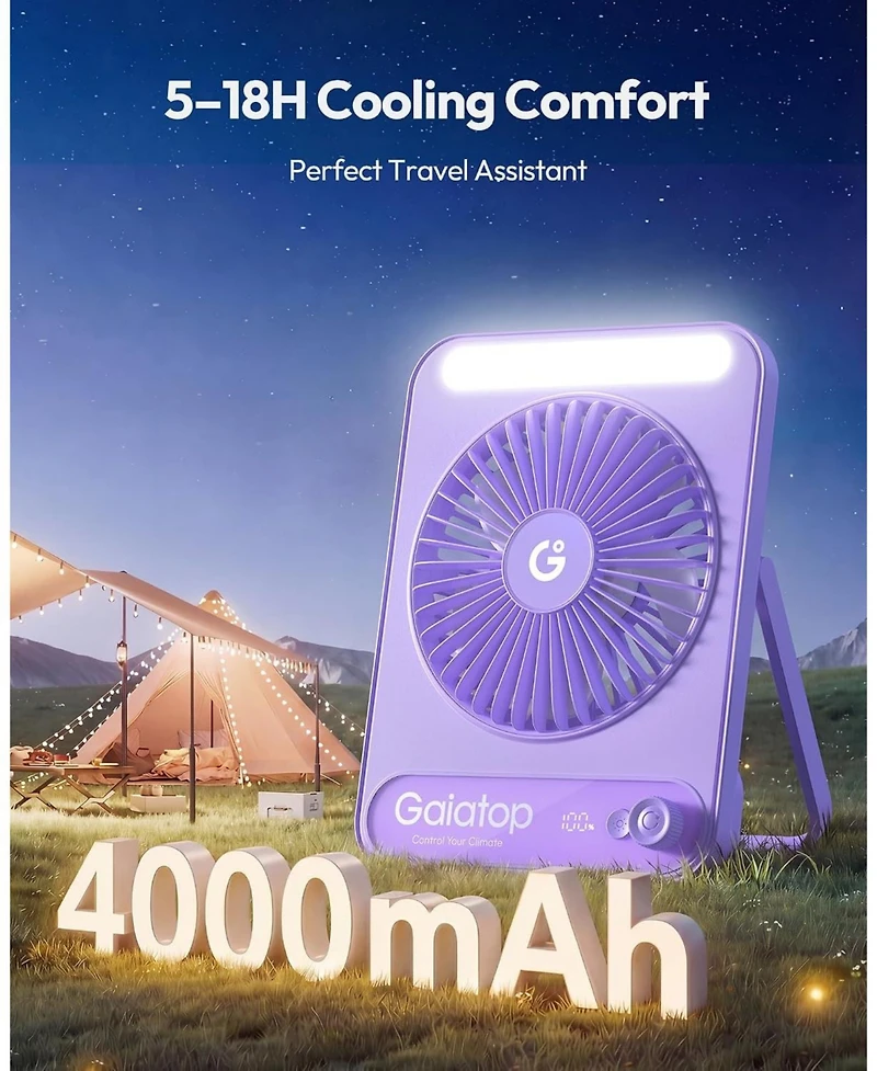 Gaiatop Small Desk Fan, 4000mAh Portable Fan for Travel with 3 Led Light, Max 18 Hrs Desk Fans Quiet for Bedside Desktop, Ultra-Slim Mini Fans.